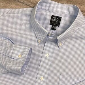 Jos A Bank Traveler Mens Button Down Shirt Light Blue Check 18 1/2 EUC!